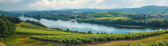 Rhine Valley vineyard hills overlooking the river near Bingen with sunlit panorama