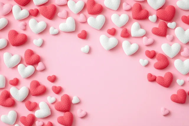Red, pink, and white heart sprinkles curve across a pastel pink background in a top-down view.