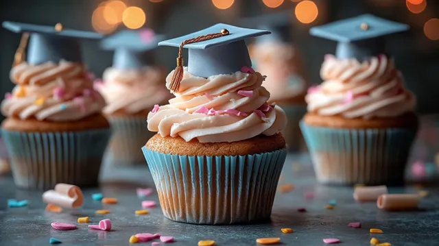 Vanilla cupcakes with pink frosting and blue graduation caps and tassels, with sprinkles and confetti on a table.