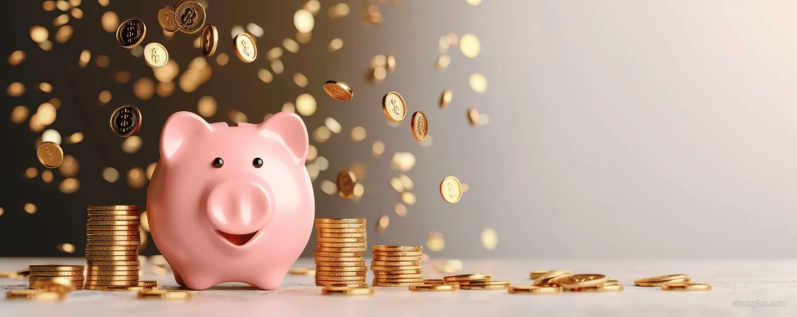 Gold coins pour into a pink piggy bank on a tabletop with a soft, minimal background.