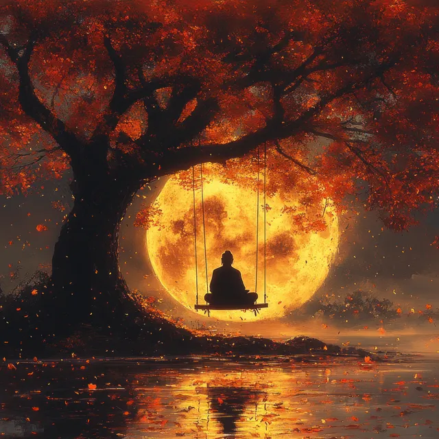 Buddha meditating on a swing beneath a moonlit autumn tree with glowing full moon behind the silhouette.
