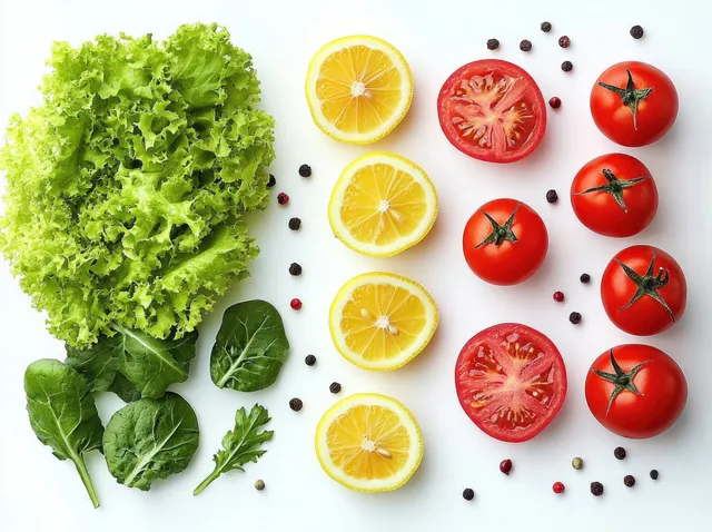 Lettuce, tomatoes, lemon slices, and peppers arranged on a white background with small peppercorn dots.