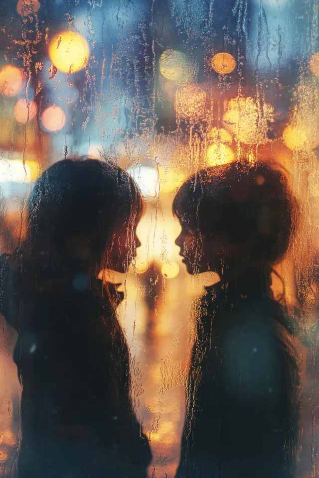Two children stand by a rainy zoo window, watching animals beyond the streaked glass.