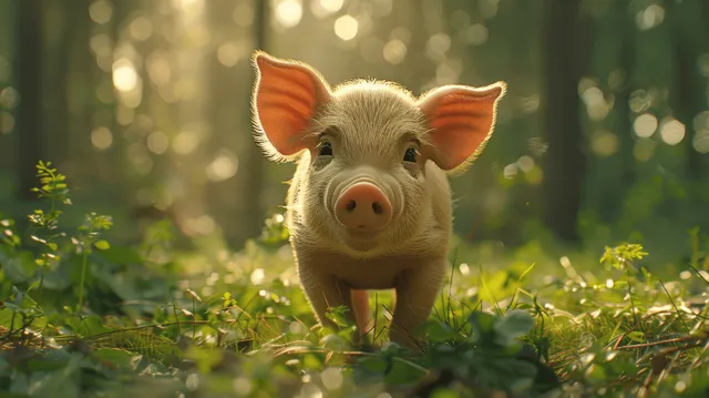 Cute baby piglet trotting through sunny forest under soft bokeh lights and pastel greens