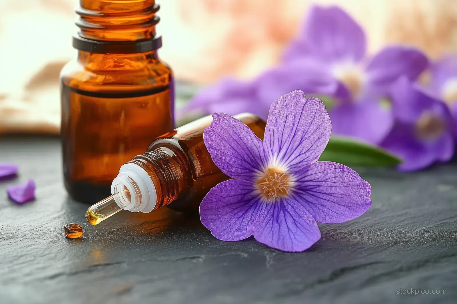 Purple crocus flower beside an amber essential oil bottle and glass pipette with visible drops.