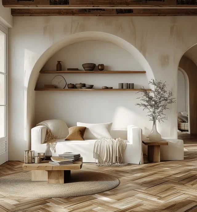 Bohemian minimalist living room interior with an arched shelf, linen sofa, wooden floor, and warm natural daylight.