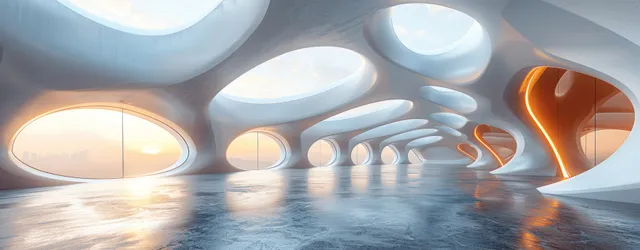 Curved white futuristic interior with glass windows and a concrete floor illuminated by daylight.