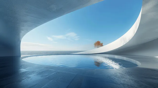 Curved concrete arch interior opens to blue sky while the wet floor reflects light and horizon.