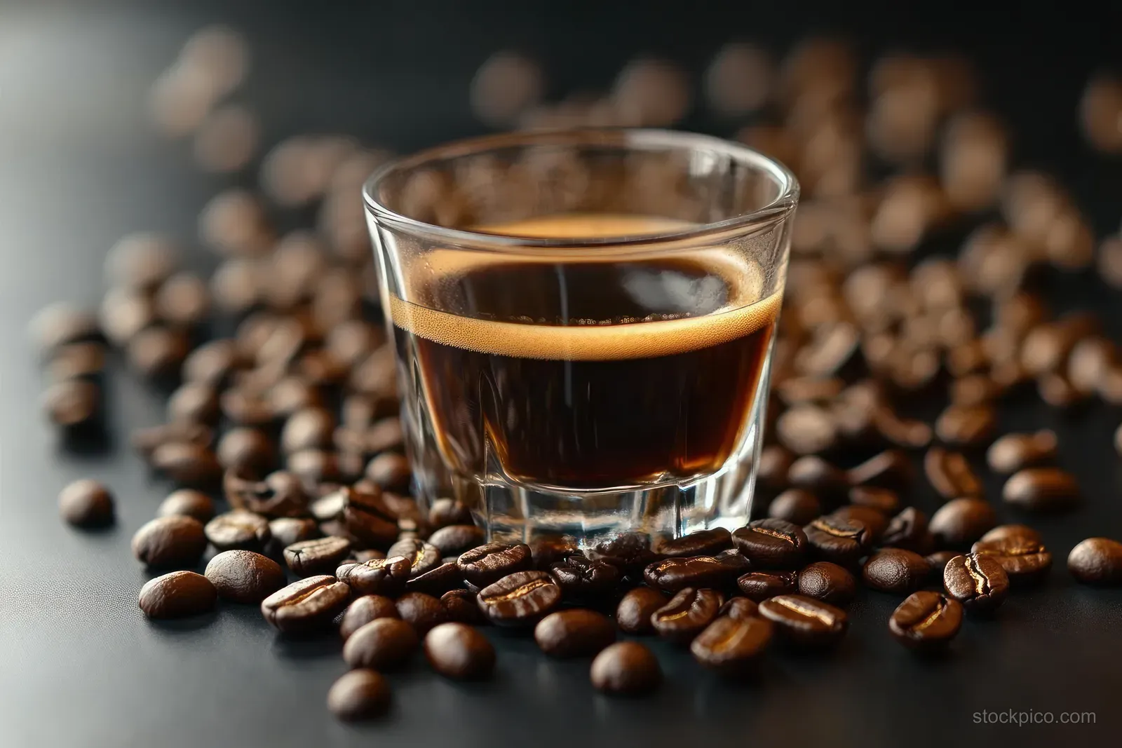 A small glass of dark espresso surrounded by scattered roasted coffee beans on a dark background.