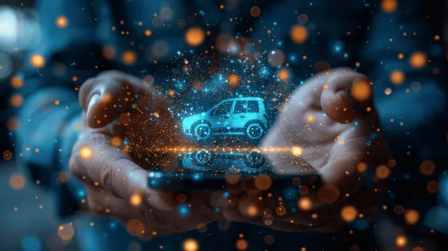 A man holds a smartphone showing a glowing car icon amid sparkling digital particles and city light bokeh.