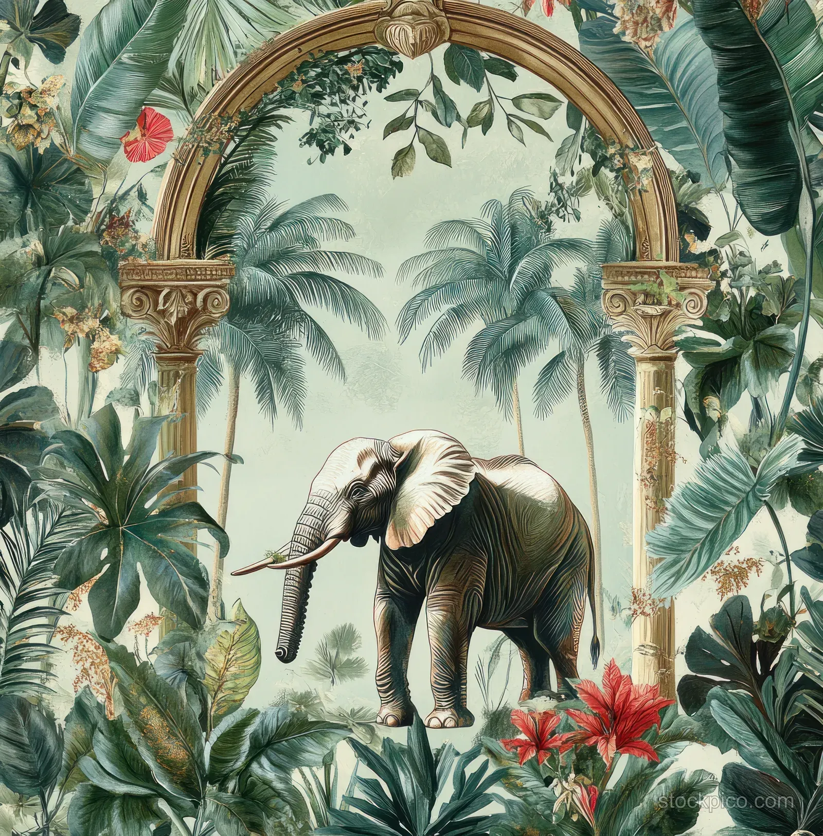 Illustrated elephant standing in a tropical garden beneath an ornate arch surrounded by palm leaves and flowers.