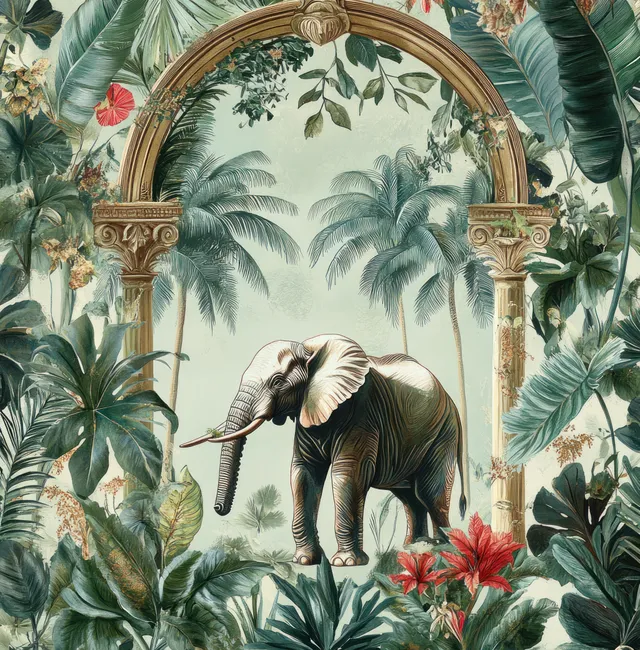 Illustrated elephant standing in a tropical garden beneath an ornate arch surrounded by palm leaves and flowers.