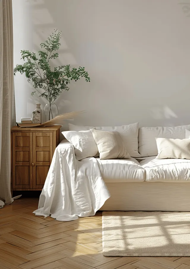 White sofa against a pale wall with a wooden sideboard, plant near the window, and sunlight casting shadows on parquet floors.