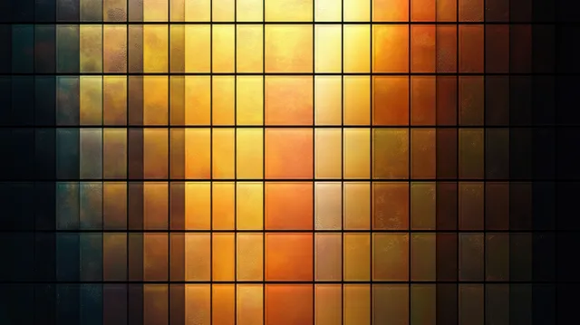 Square tiled wall surface shows a blue to orange gradient glowing under warm illumination.