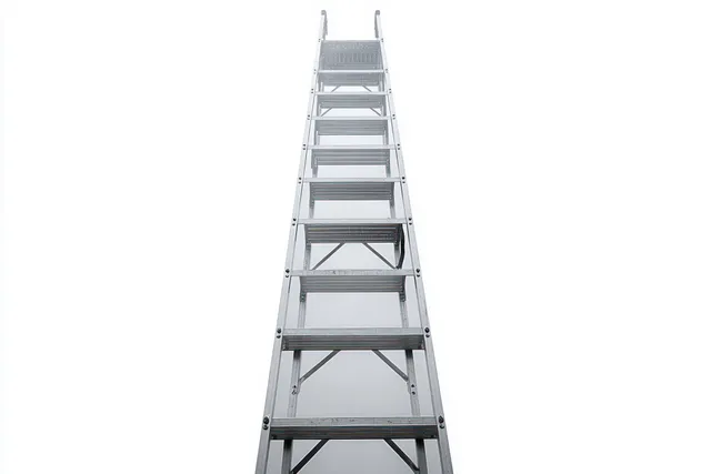 A silver metal step ladder extends upward in the center against a bright white background.