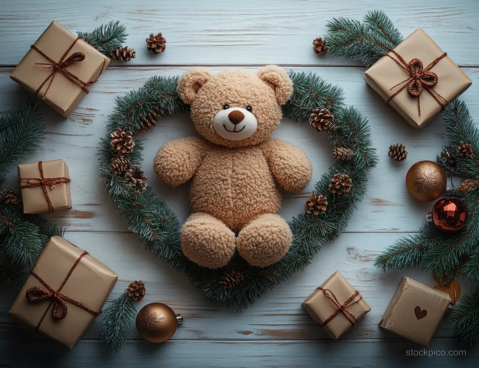 Teddy bear in a heart-shaped wreath surrounded by wrapped Christmas gifts, pinecones, and ornaments on pale wood.