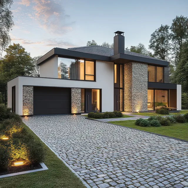 Modern house exterior at dusk with cobblestone driveway, warm window light, and symmetry
