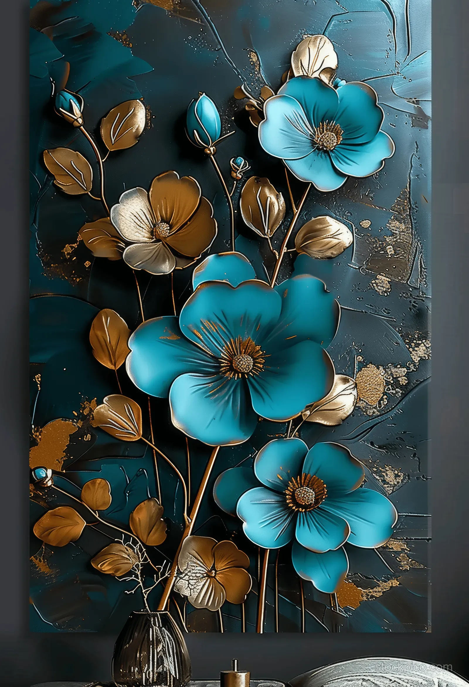 Turquoise flowers and golden leaves appear on a dark textured canvas with metallic highlights and swirling paint.