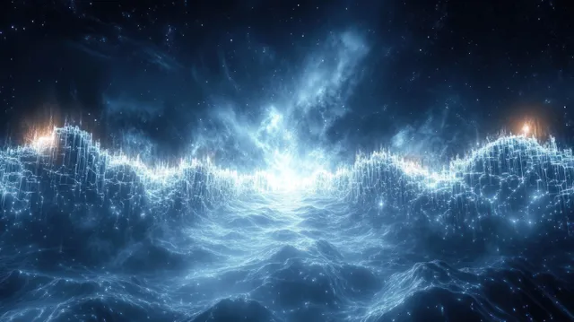A starry cosmic sky surrounds a blue digital terrain with glowing grid lines and wave-like light structures.