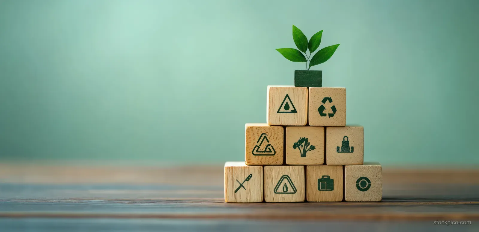 Net Zero Carbon Strategy Concept with Eco-Friendly Wooden Blocks Pyramid and Sustainability Icons
