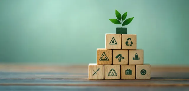 Net Zero Carbon Strategy Concept with Eco-Friendly Wooden Blocks Pyramid and Sustainability Icons