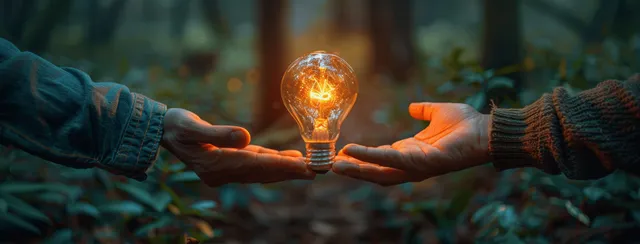 Two people extend their hands toward a glowing light bulb illuminating their shared idea outdoors.