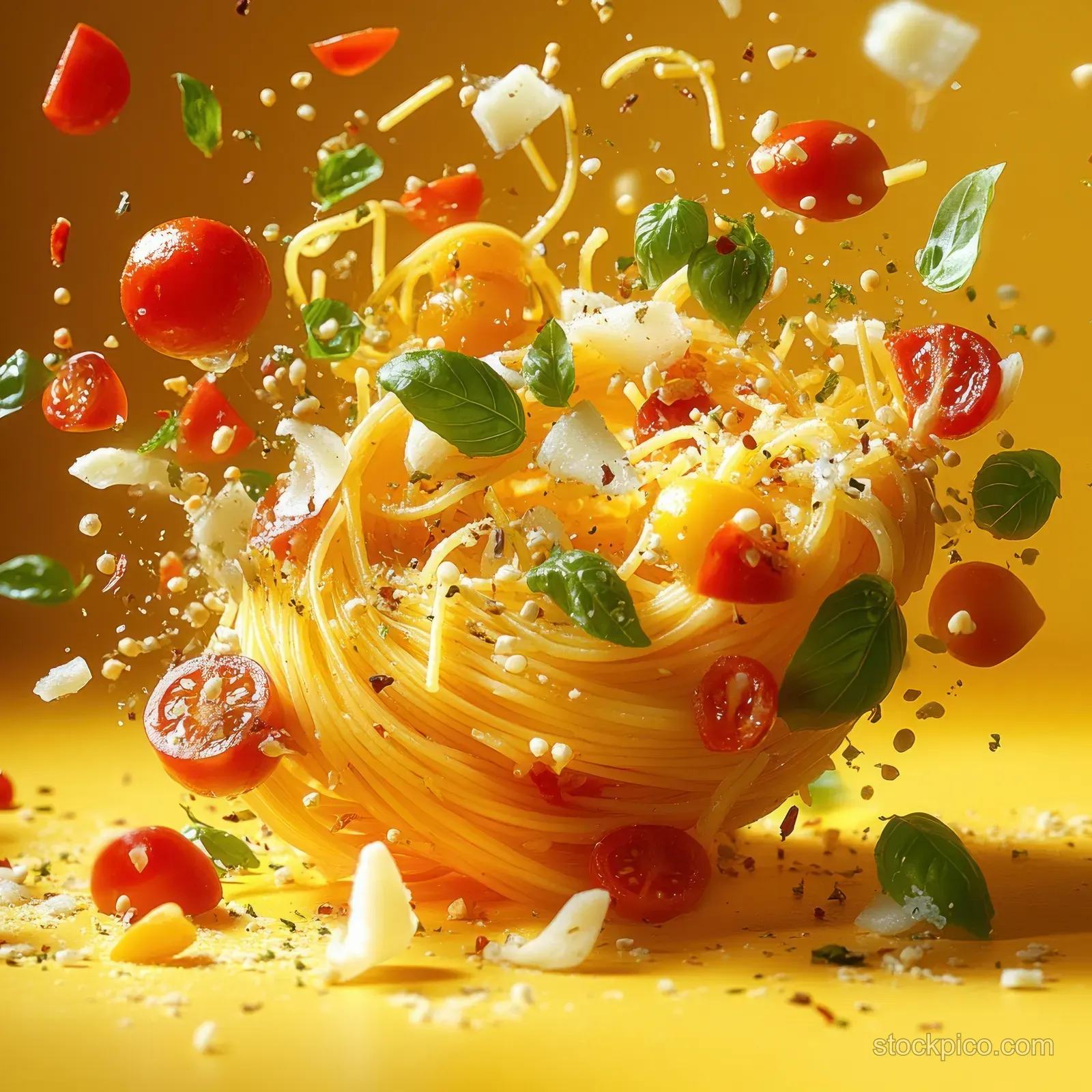 Uncooked spaghetti nest surrounded by flying cherry tomatoes, basil leaves, cheese shavings, and seasoning on a bright yellow background.