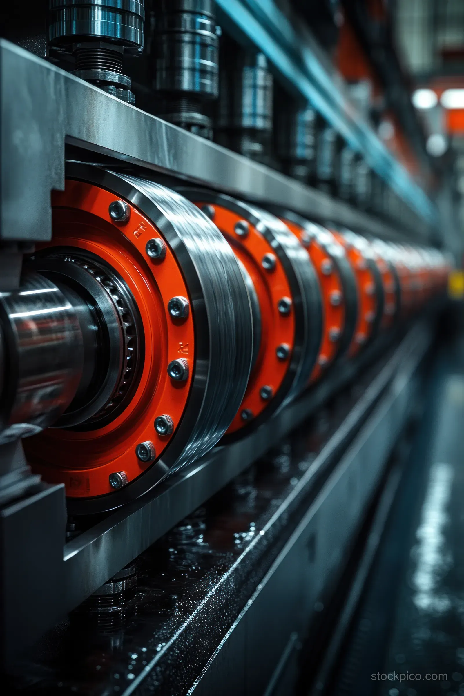 Red-bolted steel machine shaft rotates in a factory workshop with motion blur and metallic reflections.