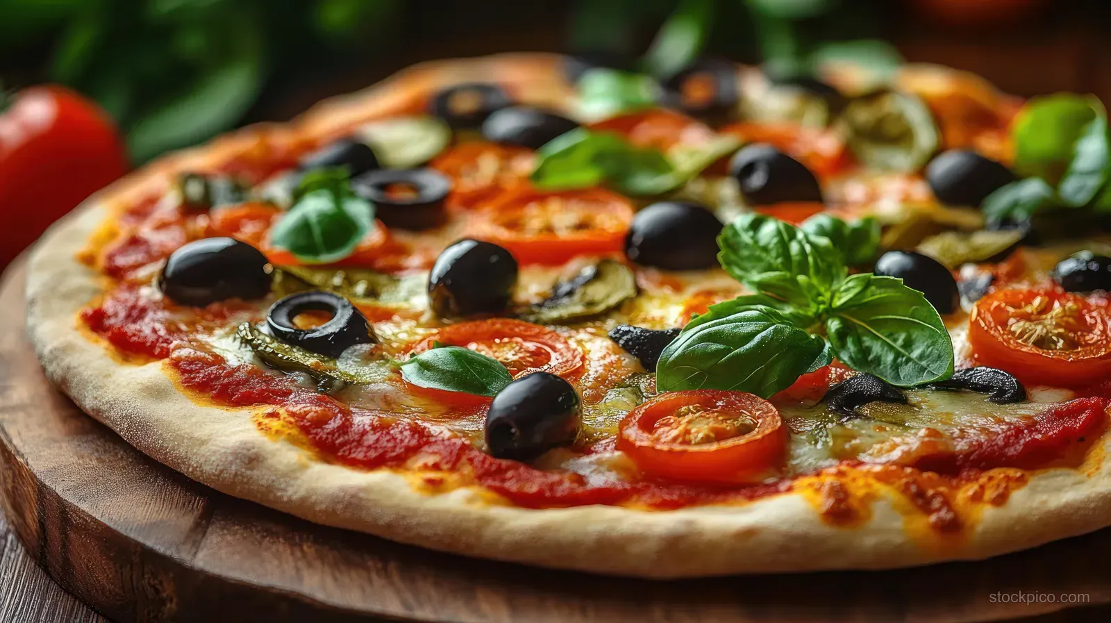 Vegetable pizza with tomato slices, black olives, green herbs, and melted cheese on a wooden serving board.