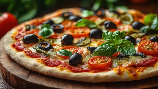 Vegetable pizza with tomato slices, black olives, green herbs, and melted cheese on a wooden serving board.