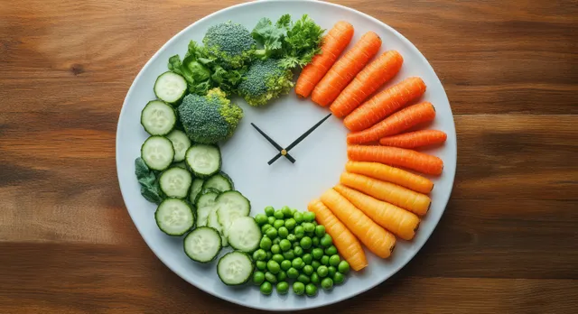 Vegetable clock made from carrot, peas, cucumber, broccoli, and parsley on a white plate on a wooden table.