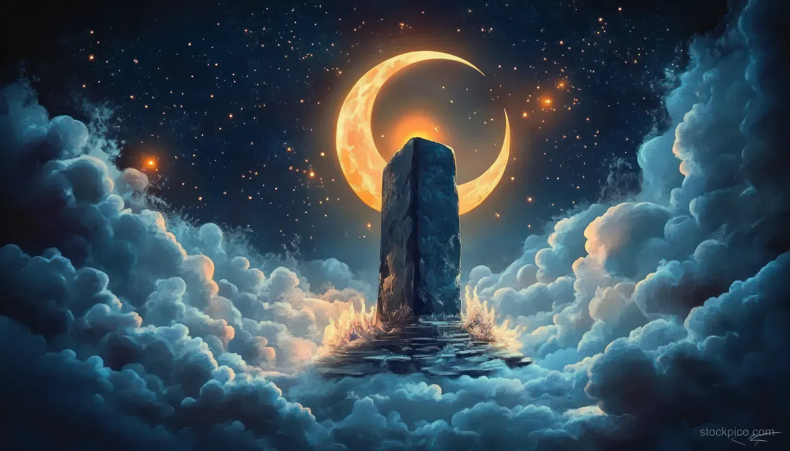 A Shiva lingam-like stone stands atop clouds under a glowing moon in a mystical night illustration.