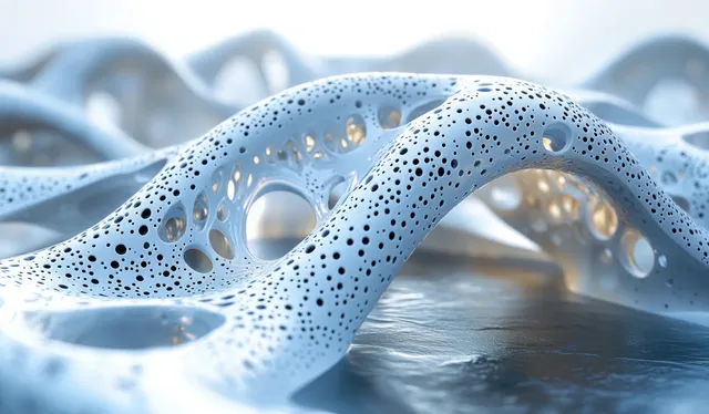 Futuristic DNA helix made of bioluminescent bubbles over a laboratory fluid surface