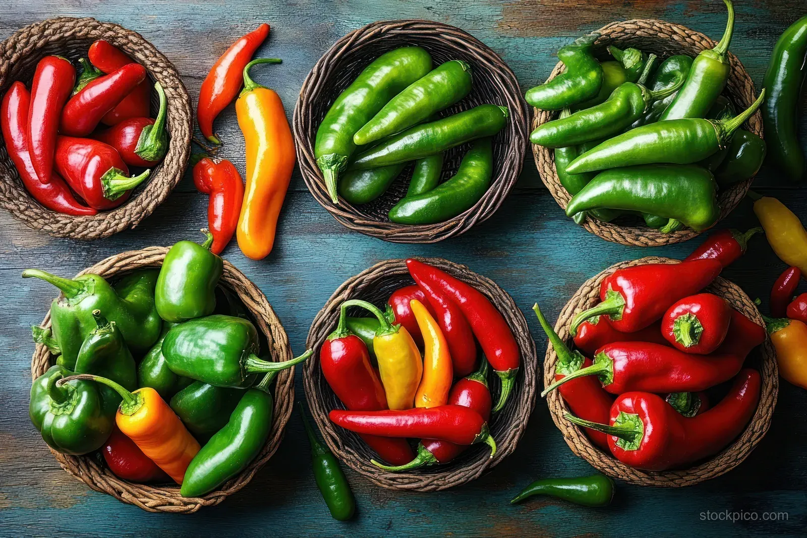 Six woven baskets filled with red, green, and yellow chili peppers arranged on a rustic blue wooden tabletop.