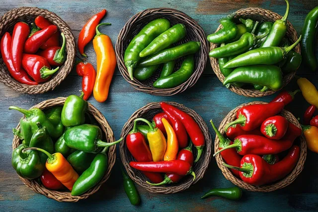 Six woven baskets filled with red, green, and yellow chili peppers arranged on a rustic blue wooden tabletop.