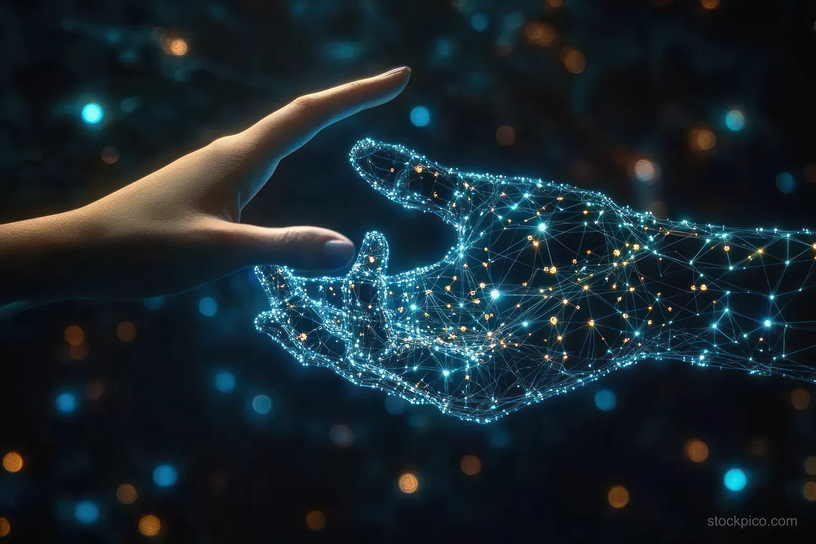A human hand reaches toward a glowing wireframe AI hand made of connected blue and orange nodes.