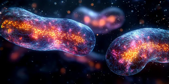 Glowing microscopic cell-like shapes drift in dark space with sparkling internal particles and vivid color
