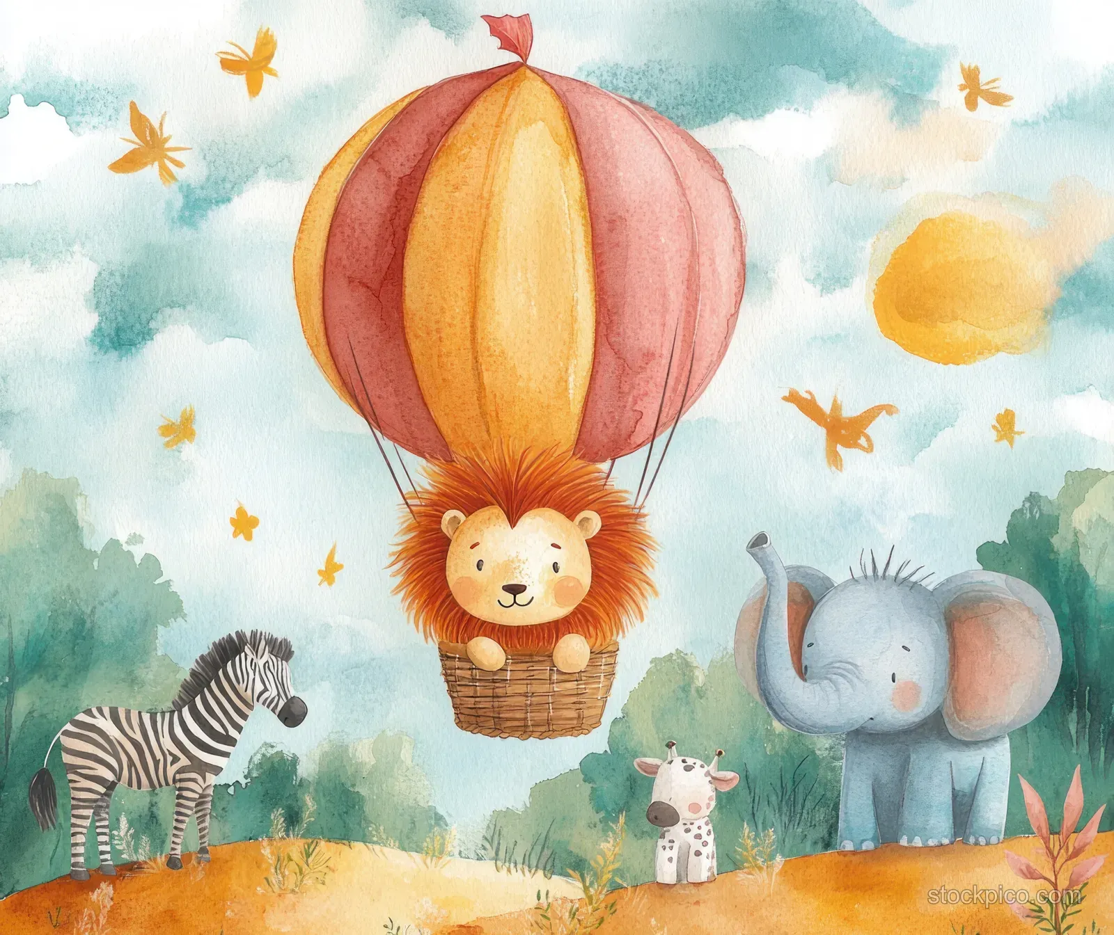 A hot air balloon carries a lion above zebra and elephant figures on a painted savanna under clouds.