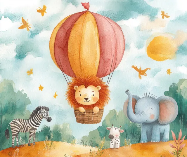 A hot air balloon carries a lion above zebra and elephant figures on a painted savanna under clouds.