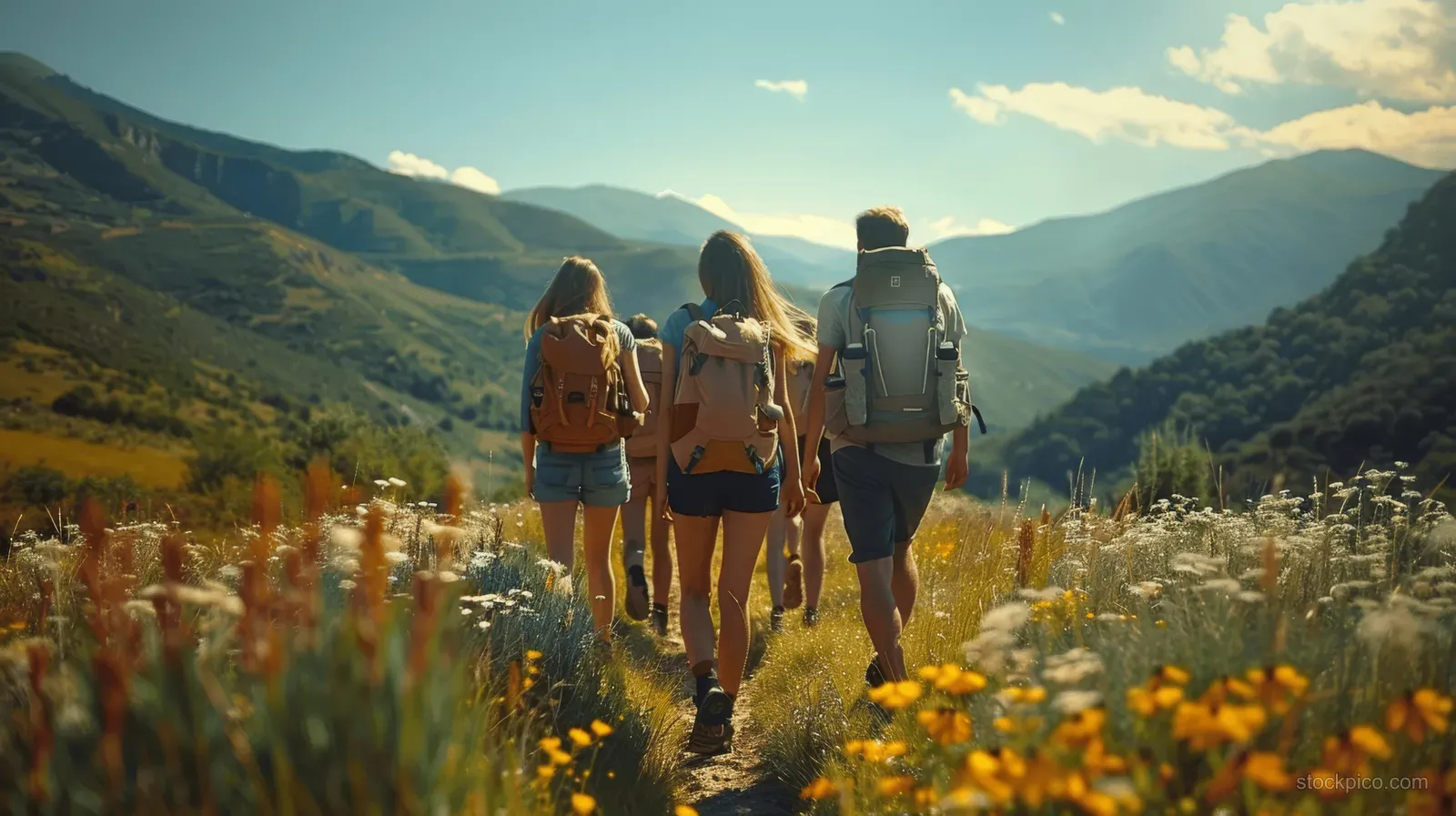 Friends hiking uphill in a green mountain valley, seen from behind with backpacks and wildflowers along the trail.
