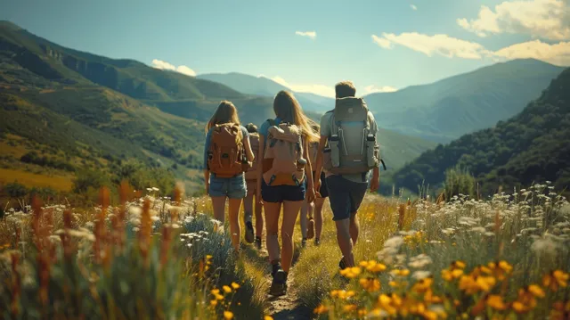 Friends hiking uphill in a green mountain valley, seen from behind with backpacks and wildflowers along the trail.