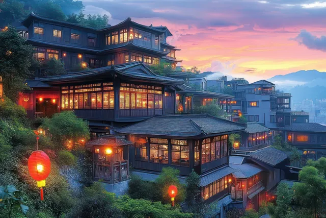 Lantern-lit traditional tea houses line a mountain village hillside at sunset with a glowing sky.