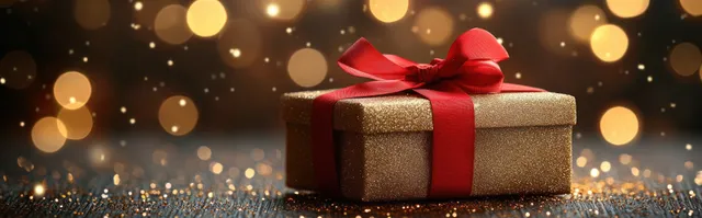Wrapped Christmas gift box with red ribbon on a wooden table with warm glowing bokeh lights in the background.