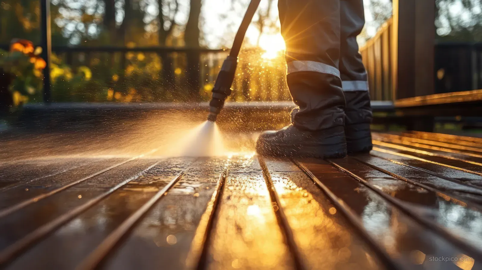 A man pressure-washes a wooden terrace deck outdoors with a powerful water jet and visible splashing.