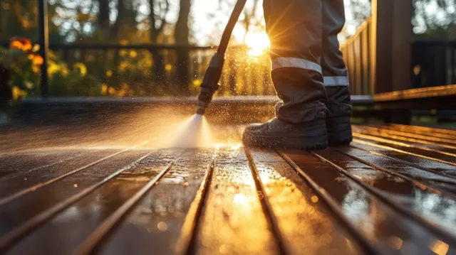 A man pressure-washes a wooden terrace deck outdoors with a powerful water jet and visible splashing.