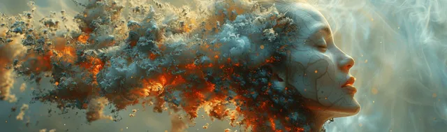 A fractal head bursts outward into floating geometric shapes amid smoky chaotic particles.