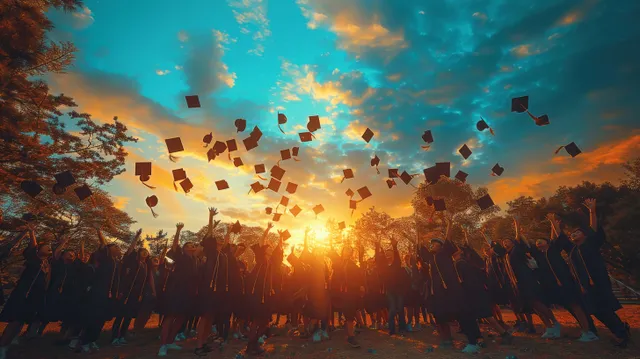 Graduates in caps and gowns throw mortarboards into a glowing sunset over a university campus.