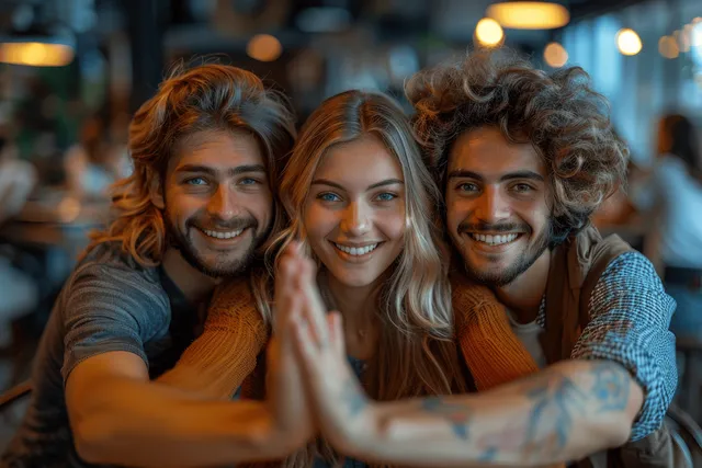 Diverse coworkers high-fiving during a meeting in a modern office with warm lights.