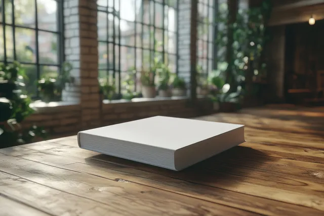 Minimalist blank book floating above a rustic wooden table