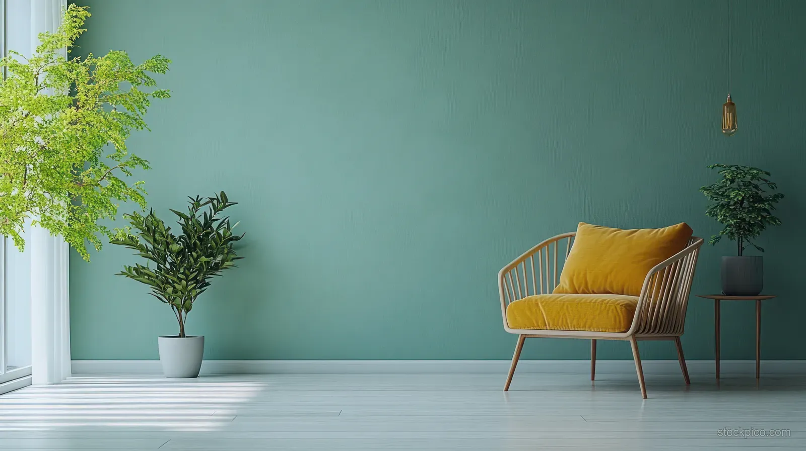 A yellow striped armchair sits in a minimalist room with a mint green wall, potted plants, and sunlight through a window.